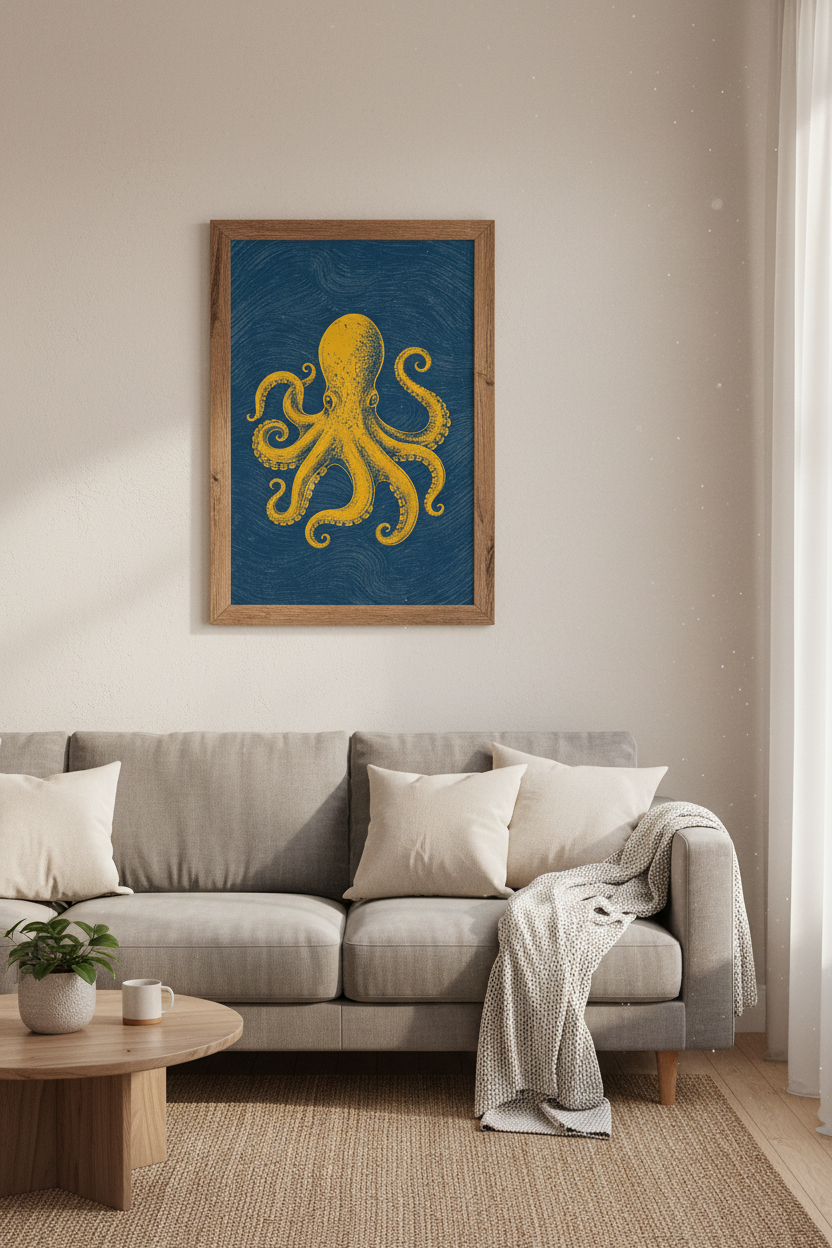 Octopus Wall Art | Blue and Yellow Coastal Decor | Nautical Marine Life Poster
