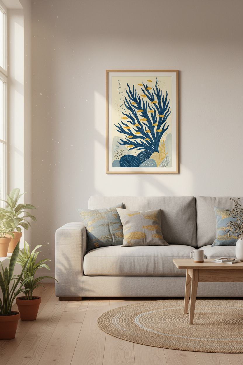 Modern Coral &amp; Fish Wall Art Print | Coastal Navy Decor | Mid Century Poster