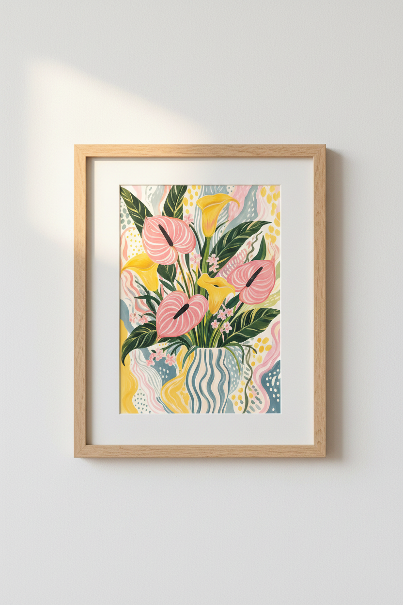 Pastel Floral Wall Art Print | Pink Anthurium Lily Botanical Decor, Modern Colorful Poster