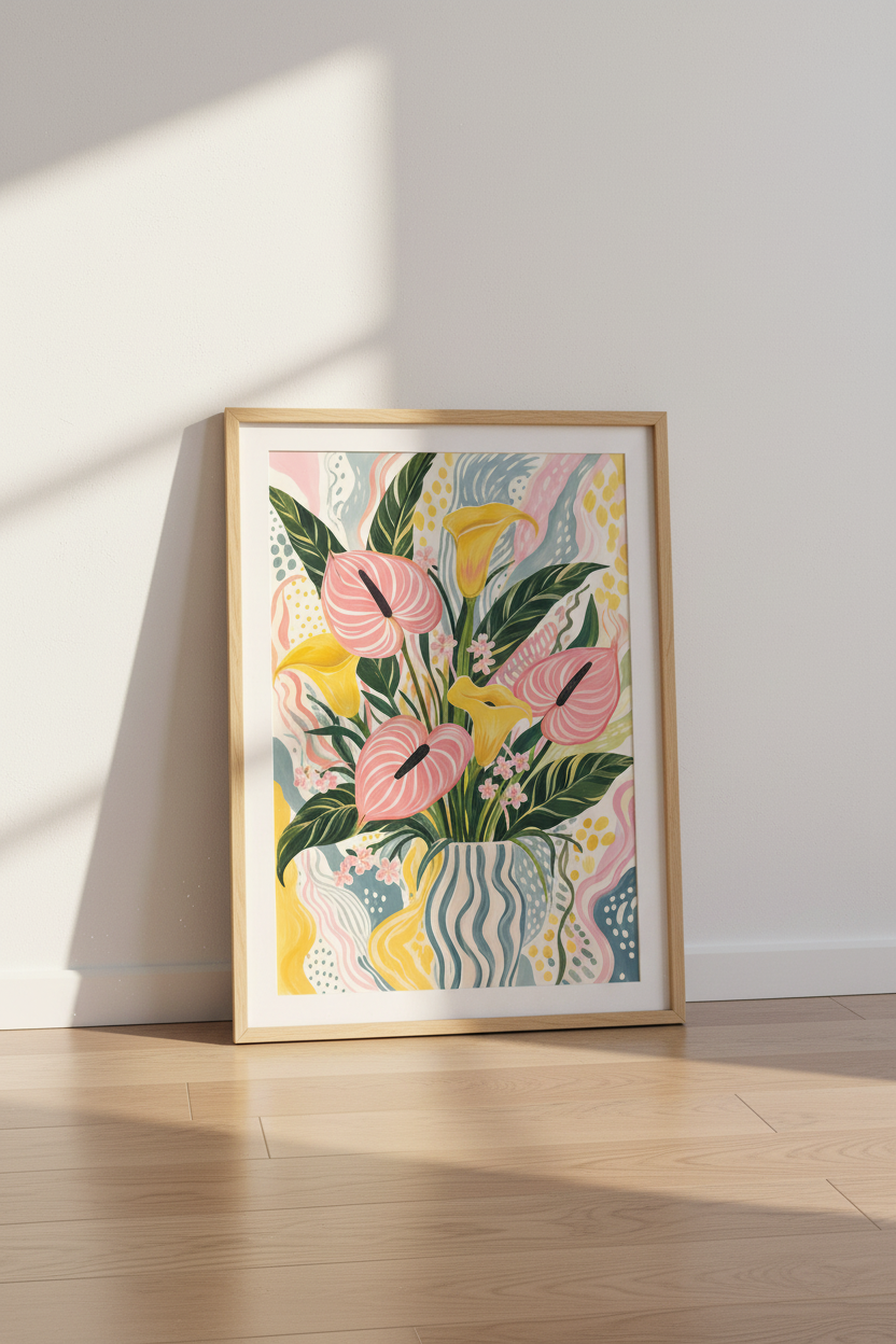 Pastel Floral Wall Art Print | Pink Anthurium Lily Botanical Decor, Modern Colorful Poster