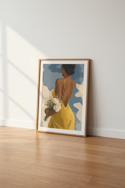 Black Woman Yellow Dress Wall Art | Minimalist Floral Portrait | Modern Bedroom Poster