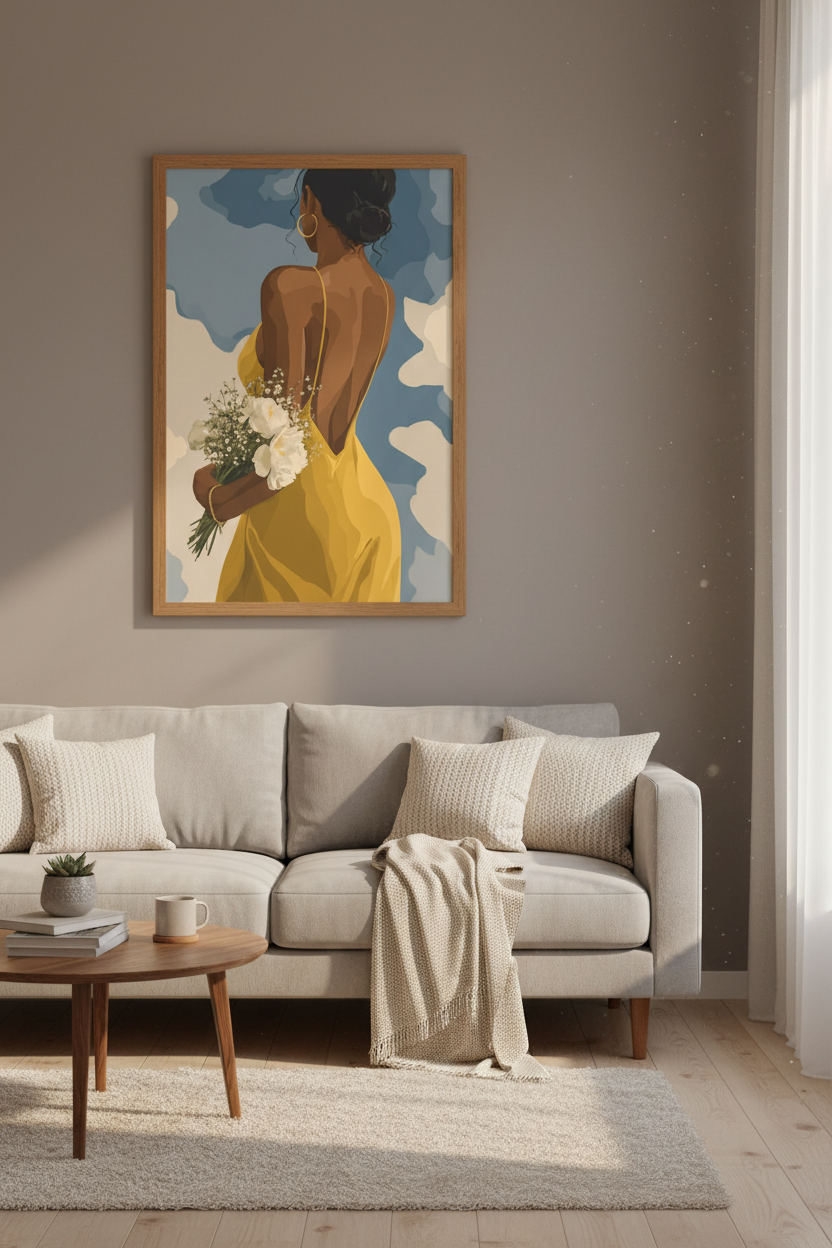 Black Woman Yellow Dress Wall Art | Minimalist Floral Portrait | Modern Bedroom Poster