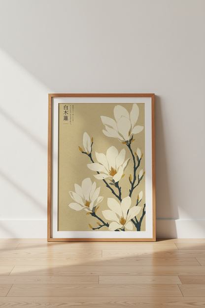 Japanese Magnolia Flower Wall Art | Cream &amp; Beige Botanical, Japandi Decor