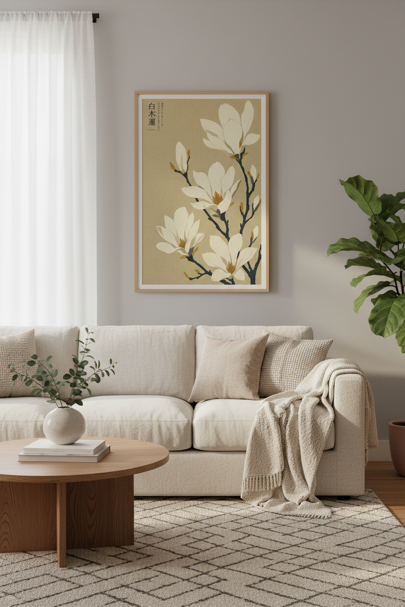 Japanese Magnolia Flower Wall Art | Cream &amp; Beige Botanical, Japandi Decor