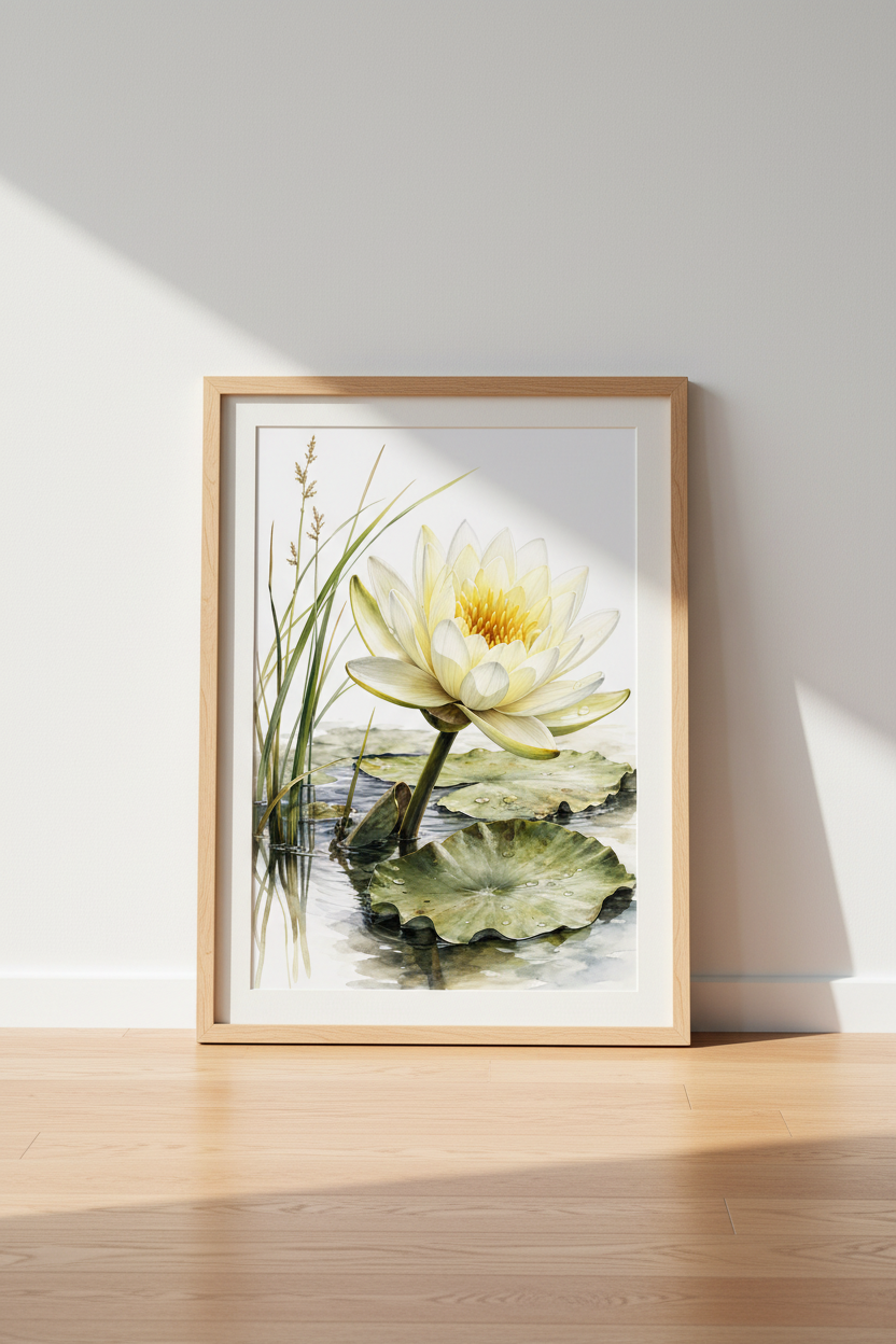 White Water Lily Watercolor Art | Botanical Floral Poster, Zen Living Room Wall Decor