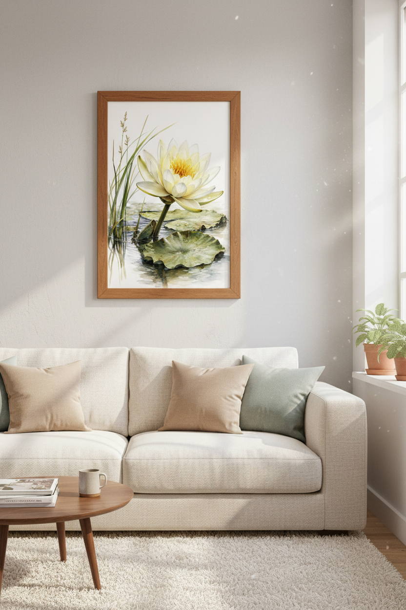 White Water Lily Watercolor Art | Botanical Floral Poster, Zen Living Room Wall Decor