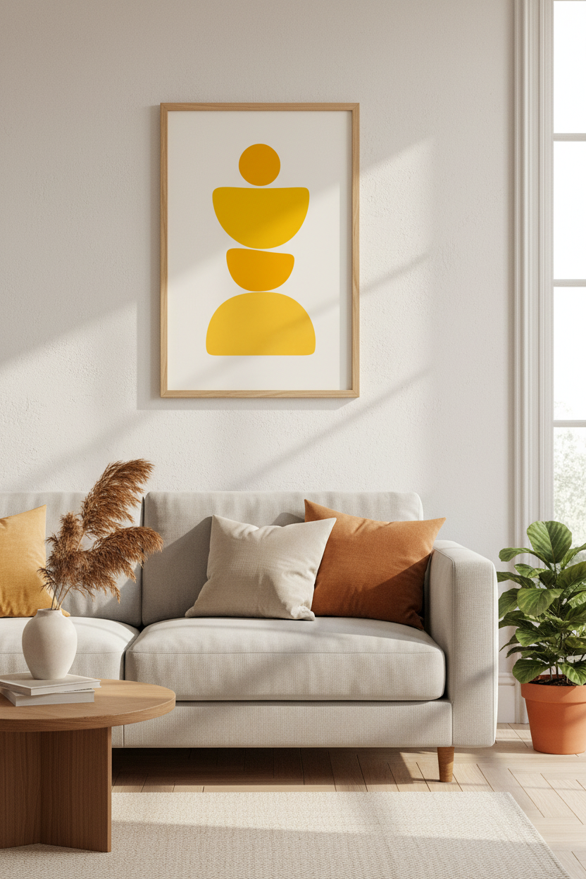 Abstract Yellow Stone Balance Wall Art | Mustard Zen Poster, Modern Living Room Decor