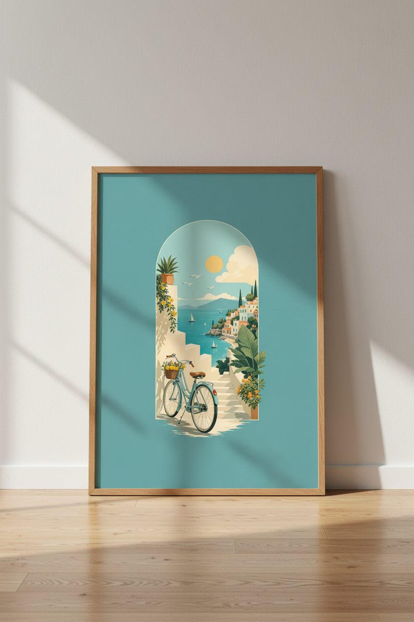 Mediterranean Coastal Scene | Italian Riviera Bicycle, Summer Travel Wall Art