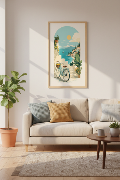 Mediterranean Coastal Scene | Italian Riviera Bicycle, Summer Travel Wall Art