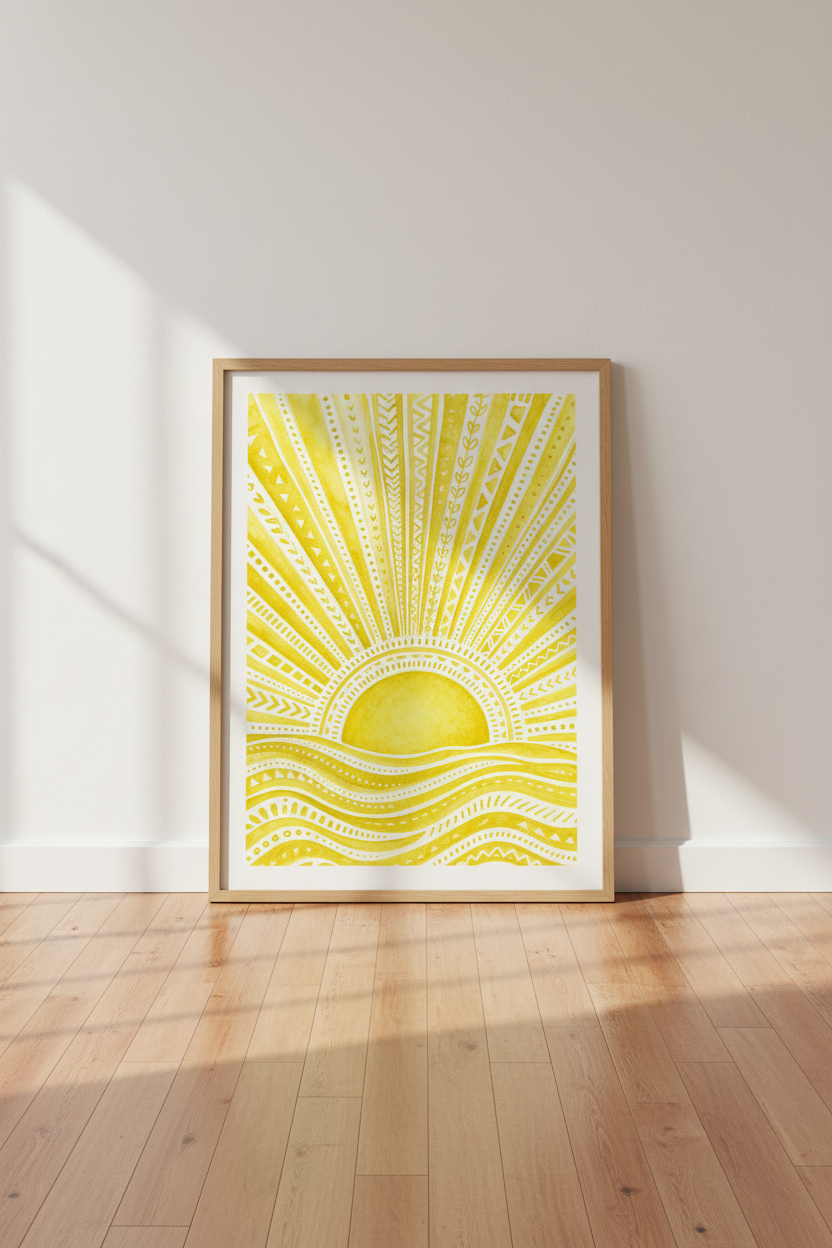 Boho Yellow Sun &amp; Sea Watercolor Print | Tribal Folk Art Poster | Nursery Room Decor