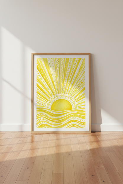 Boho Yellow Sun &amp; Sea Watercolor Print | Tribal Folk Art Poster | Nursery Room Decor