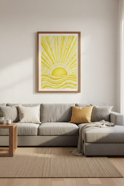 Boho Yellow Sun &amp; Sea Watercolor Print | Tribal Folk Art Poster | Nursery Room Decor