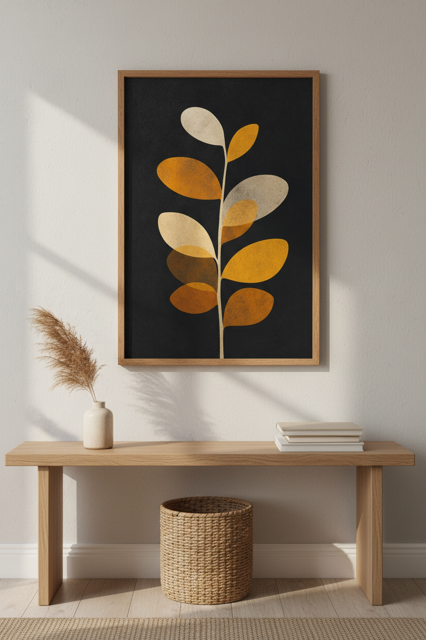 Boho Wall Art | Warm Autumn Tones, Minimal Plant Silhouette | Living Room Decor