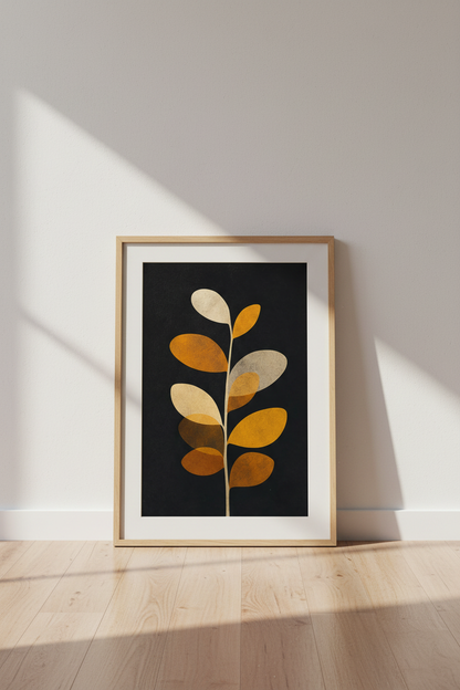 Boho Wall Art | Warm Autumn Tones, Minimal Plant Silhouette | Living Room Decor