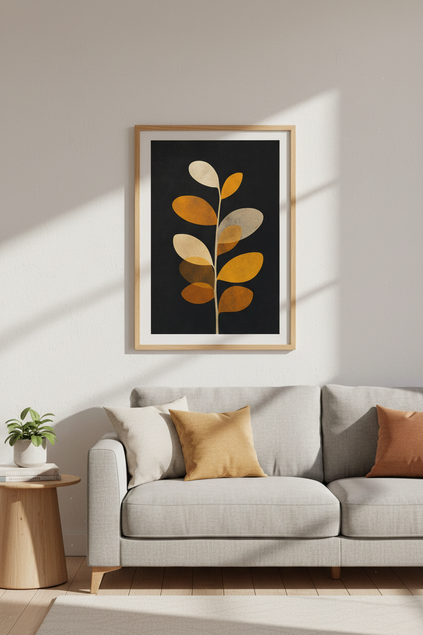 Boho Wall Art | Warm Autumn Tones, Minimal Plant Silhouette | Living Room Decor