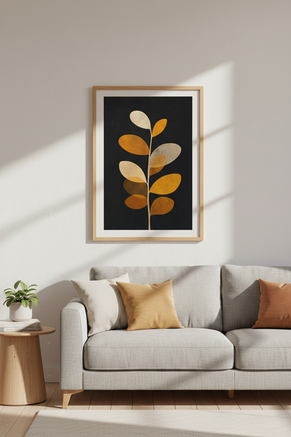 Boho Wall Art | Warm Autumn Tones, Minimal Plant Silhouette | Living Room Decor