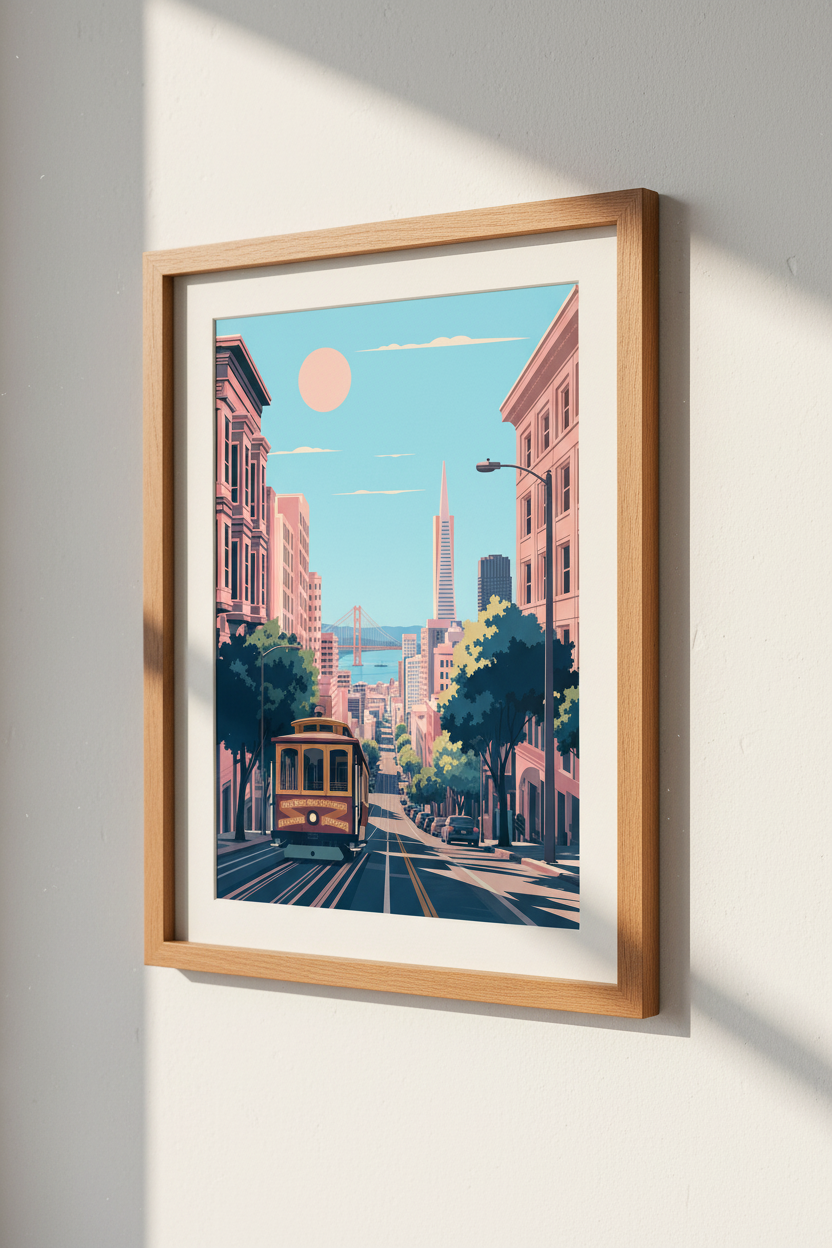 San Francisco Cityscape | Pastel Vintage Travel Poster, Minimalist California Wall Art