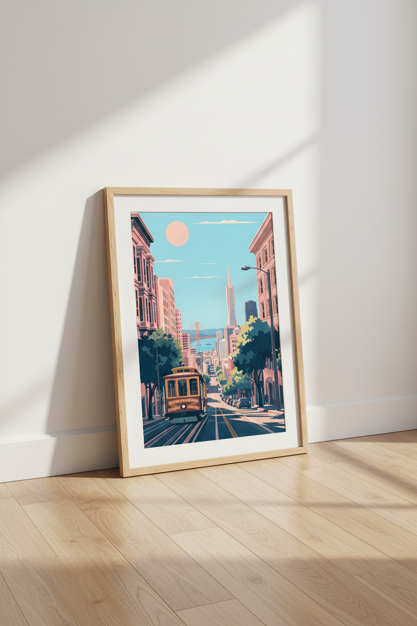 San Francisco Cityscape | Pastel Vintage Travel Poster, Minimalist California Wall Art