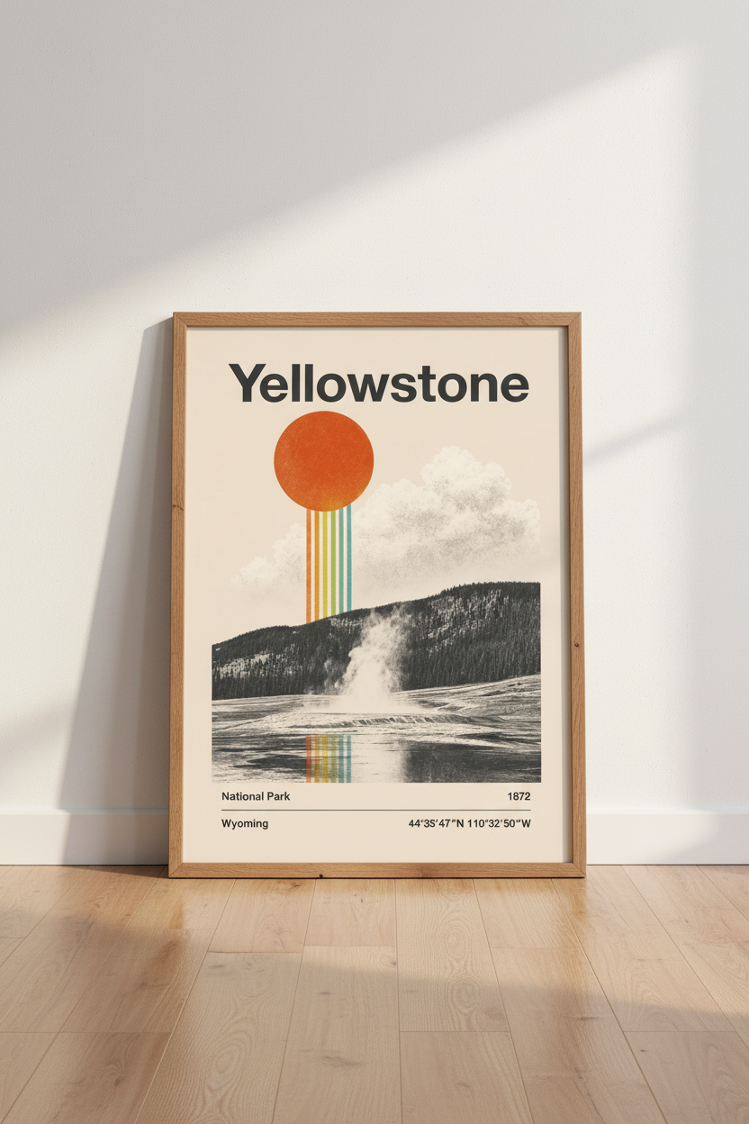 Yellowstone National Park Poster | Retro Sun &amp; Rainbow Wall Art | Modern Nature Decor