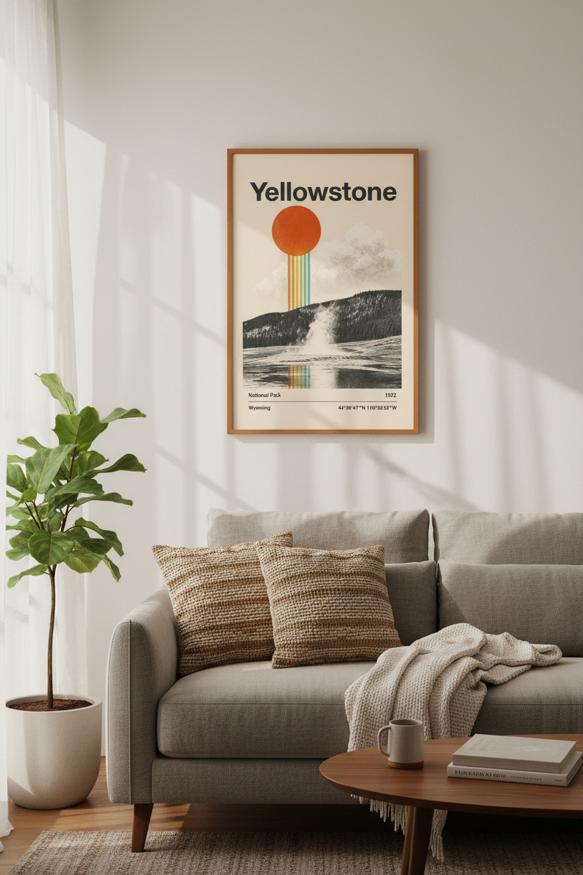 Yellowstone National Park Poster | Retro Sun &amp; Rainbow Wall Art | Modern Nature Decor