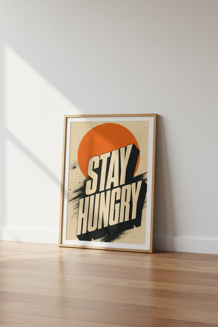 Stay Hungry Motivational Wall Art | Retro Orange &amp; Black Decor | Office Poster