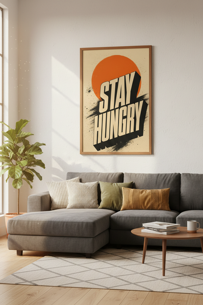 Stay Hungry Motivational Wall Art | Retro Orange &amp; Black Decor | Office Poster