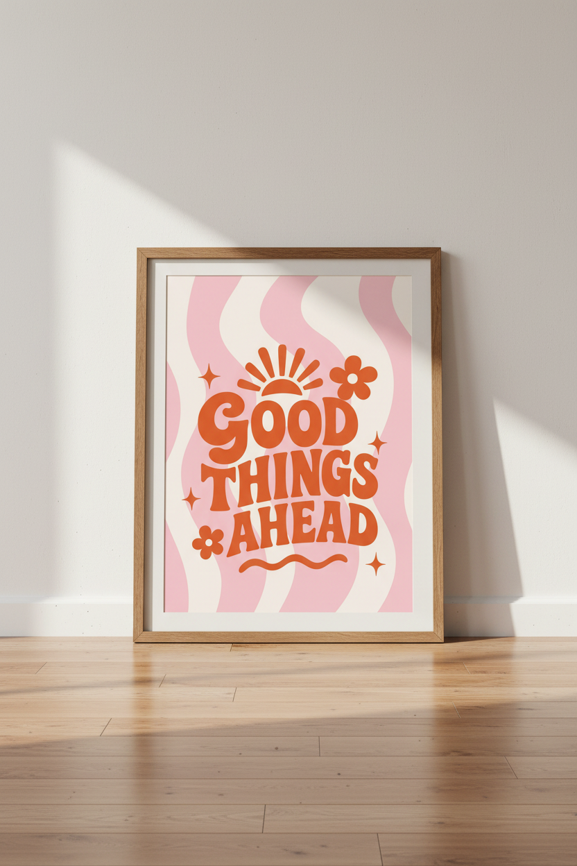 Good Things Ahead Quote Art | Retro Pink &amp; Orange Poster, Fun Dorm Gallery Wall
