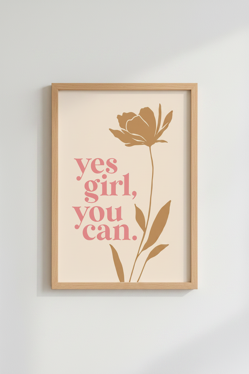 Motivational Quote Wall Art | Boho Floral Pink &amp; Gold Poster, Office Decor