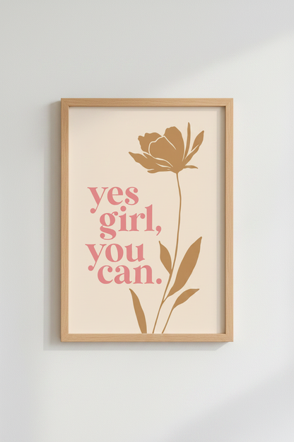 Motivational Quote Wall Art | Boho Floral Pink &amp; Gold Poster, Office Decor