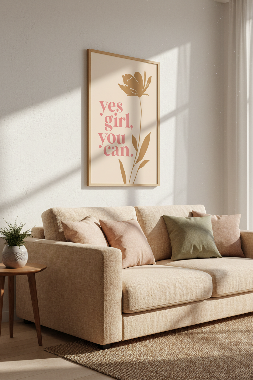 Motivational Quote Wall Art | Boho Floral Pink &amp; Gold Poster, Office Decor