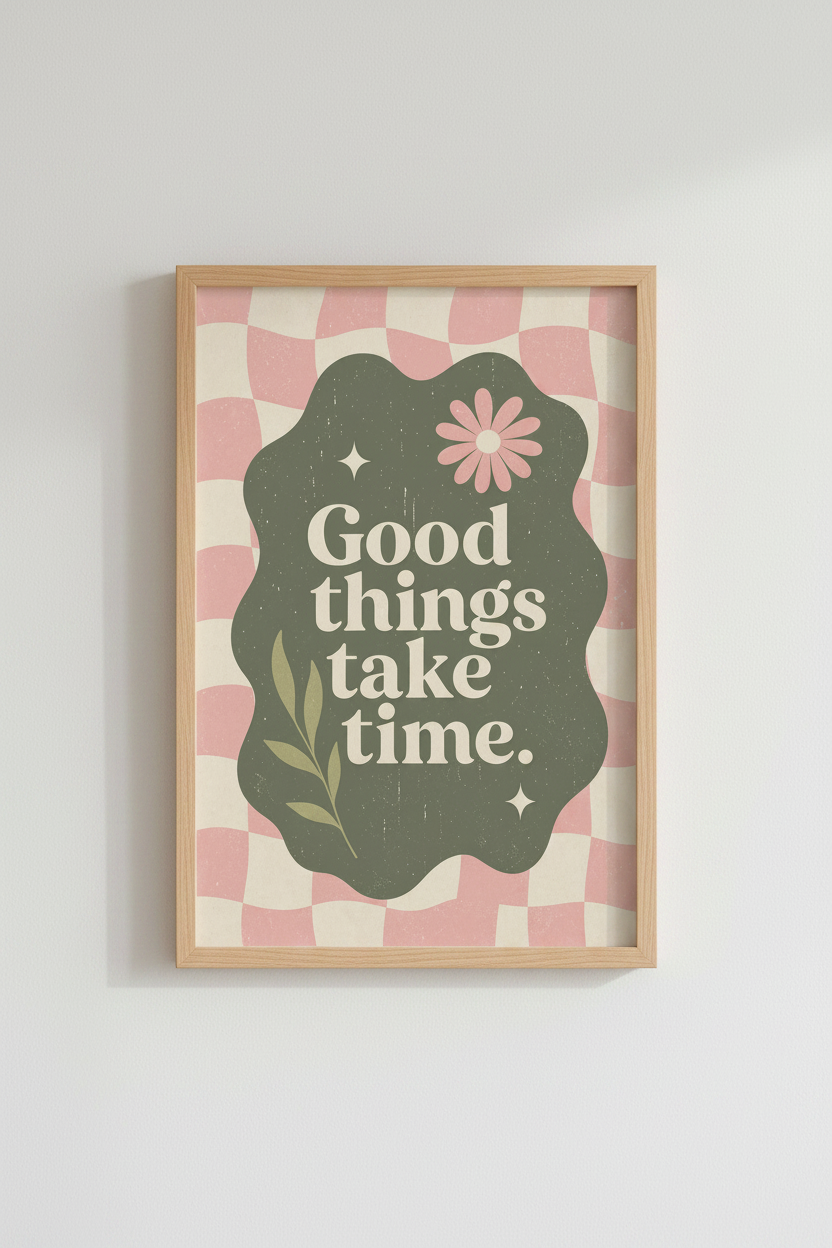 Good Things Take Time | Retro Checkered Sage Green &amp; Pink Poster, Boho Dorm Decor