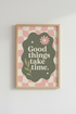 Good Things Take Time | Retro Checkered Sage Green & Pink Poster, Boho Dorm Decor