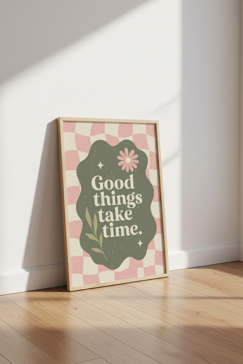 Good Things Take Time | Retro Checkered Sage Green &amp; Pink Poster, Boho Dorm Decor
