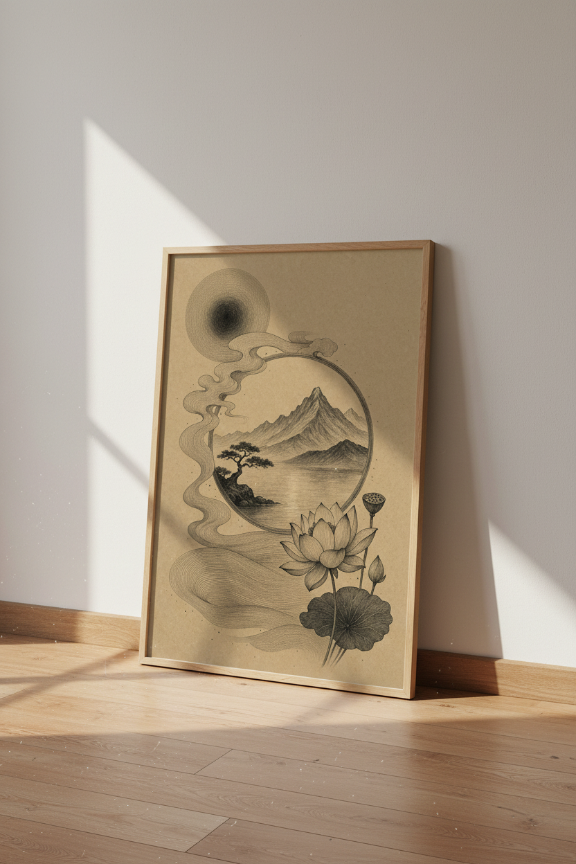 Japanese Mountain &amp; Lotus Art | Black Ink Zen Landscape, Minimalist Home Decor