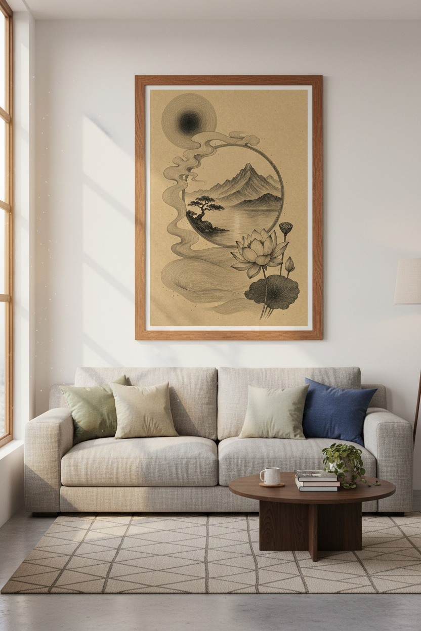 Japanese Mountain &amp; Lotus Art | Black Ink Zen Landscape, Minimalist Home Decor