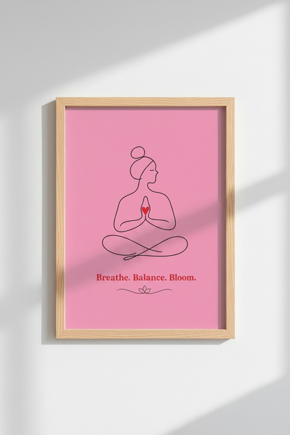 Yoga Meditating Woman Wall Art | Pink Minimalist Line Art, Yoga Studio Decor