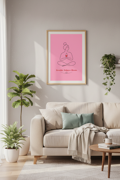 Yoga Meditating Woman Wall Art | Pink Minimalist Line Art, Yoga Studio Decor