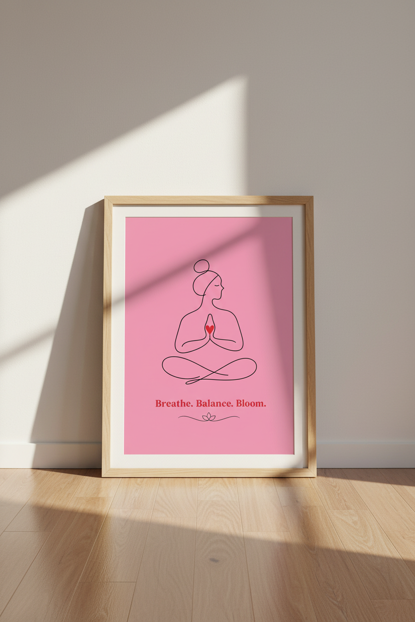 Yoga Meditating Woman Wall Art | Pink Minimalist Line Art, Yoga Studio Decor