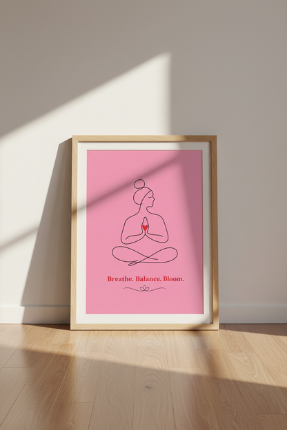 Yoga Meditating Woman Wall Art | Pink Minimalist Line Art, Yoga Studio Decor