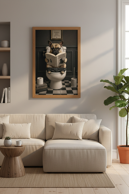 French Bulldog on Toilet Art | Funny Dark Academic Poster, Bathroom Decor