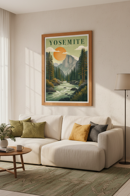 Yosemite National Park Wall Art | Vintage Travel Poster, Mountain Landscape Living Room