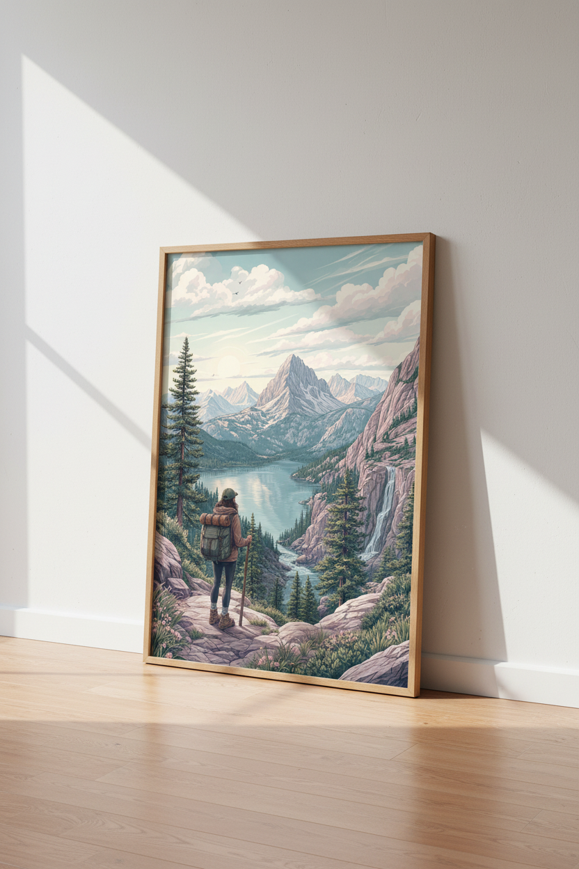 Mountain Hiker Landscape Art | Pastel Alpine Nature Print | Adventure Decor