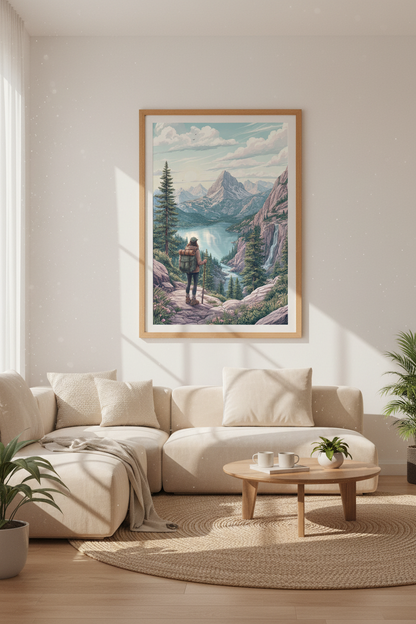 Mountain Hiker Landscape Art | Pastel Alpine Nature Print | Adventure Decor