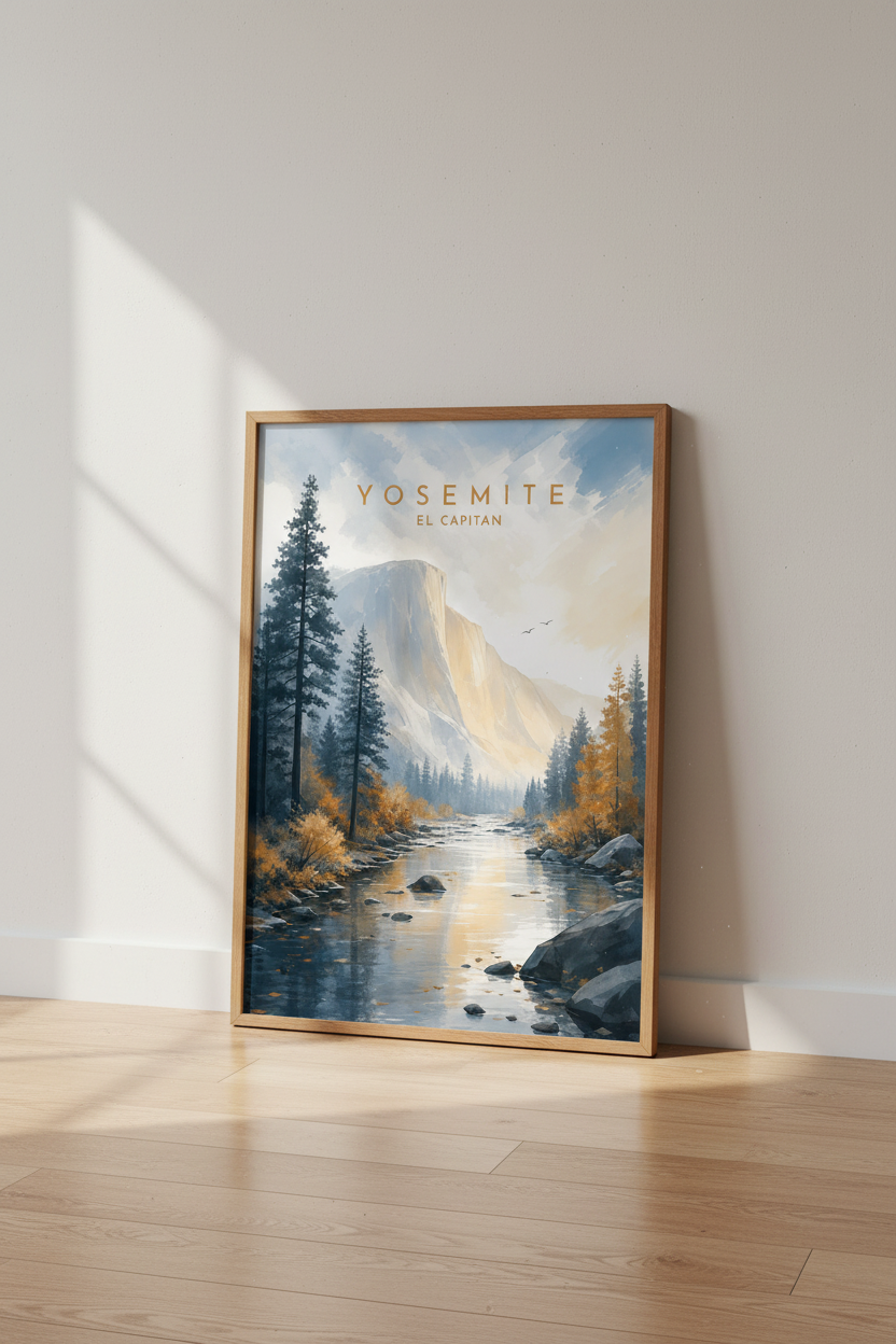 Yosemite El Capitan Wall Art | Watercolor Nature Print, Living Room Decor