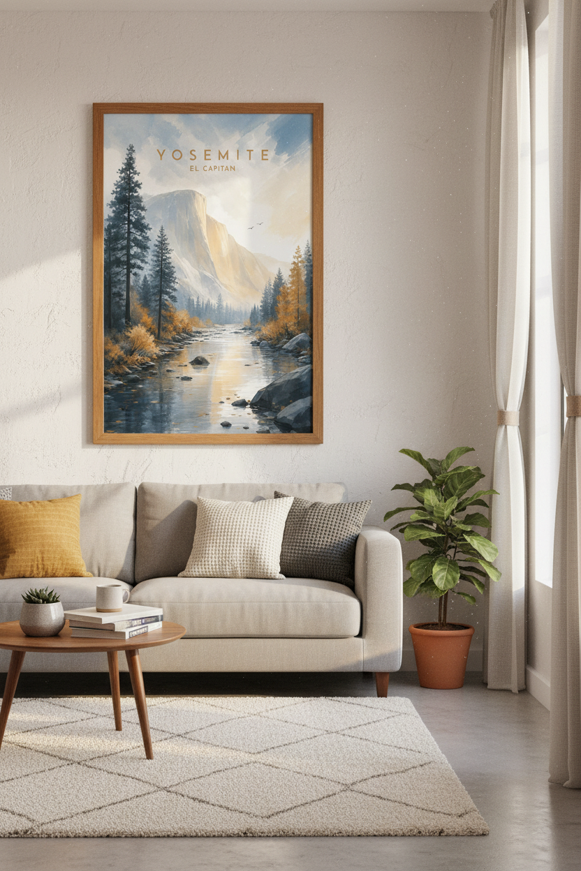 Yosemite El Capitan Wall Art | Watercolor Nature Print, Living Room Decor