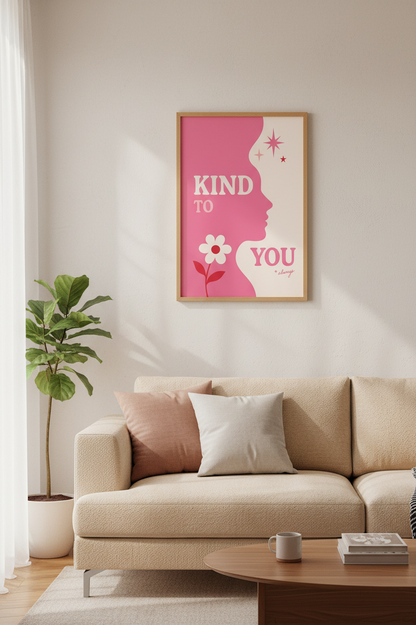 Kind To You Always Pink Wall Art | Retro Self Care Poster, Bedroom Decor