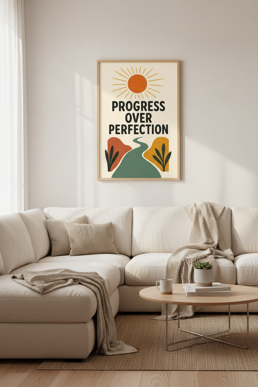 Progress Over Perfection Wall Art | Boho Office Decor | Minimalist Poster