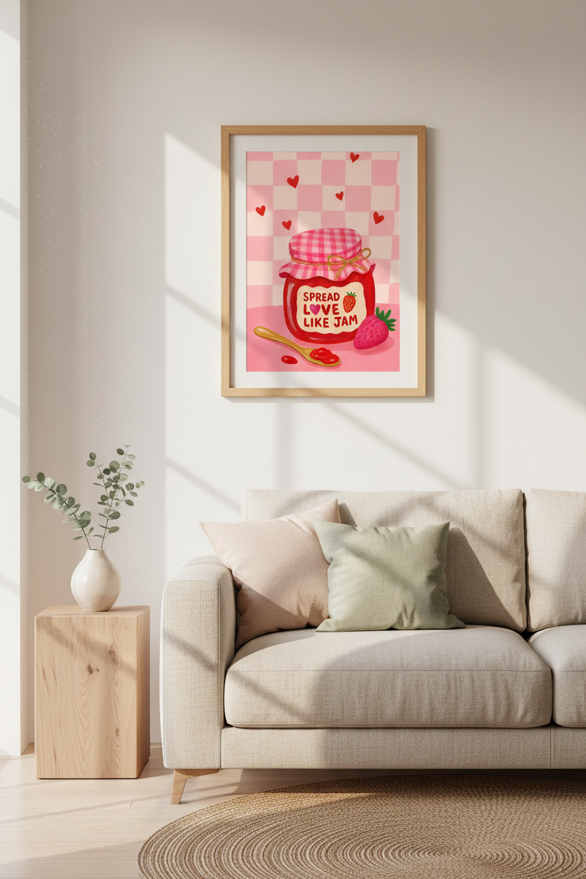 Retro Kitchen Wall Art Print | Pink Checkered Strawberry Poster | Preppy Food Art
