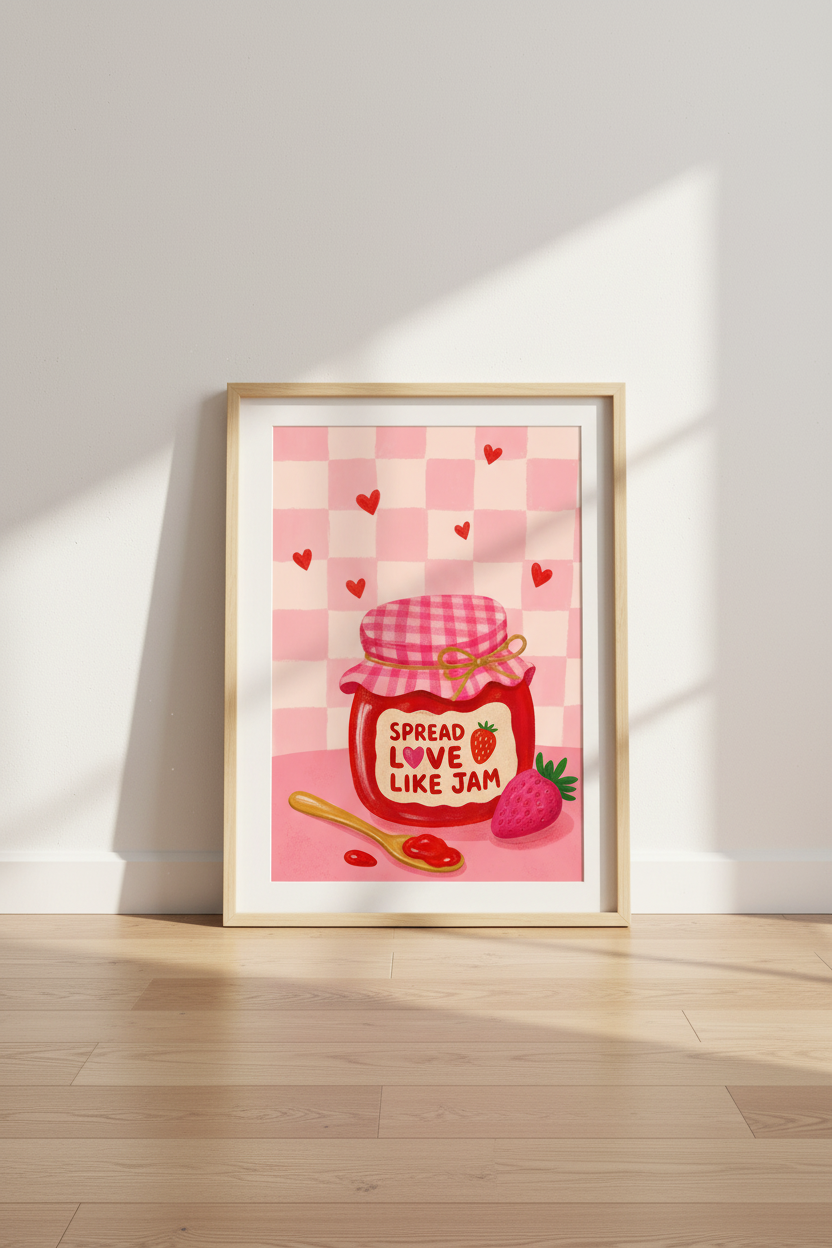 Retro Kitchen Wall Art Print | Pink Checkered Strawberry Poster | Preppy Food Art