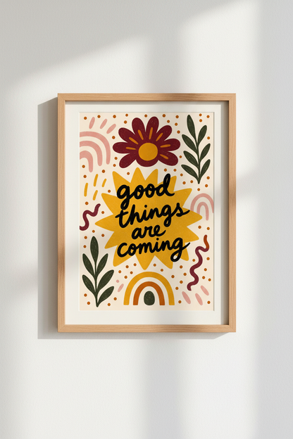 good things wall art | Boho sunburst palette, living room decor | Vibrant poster